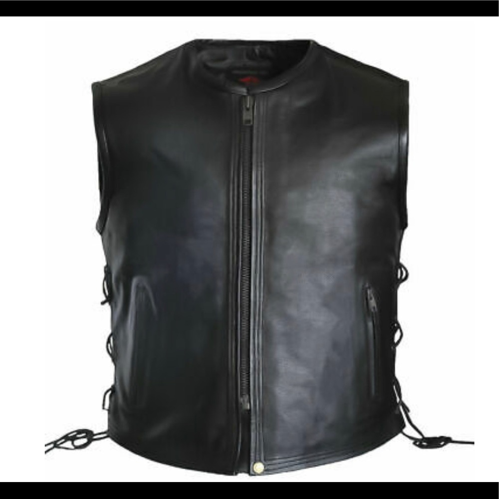 Mens Side Lace Zippered Biker Style Motorcycle Concealed Carry Leather Vest